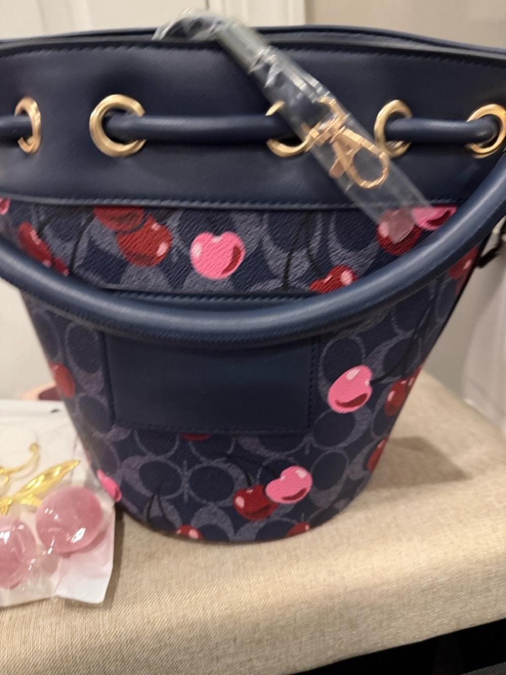 Navy Cherry Print Bucket Bag - Women